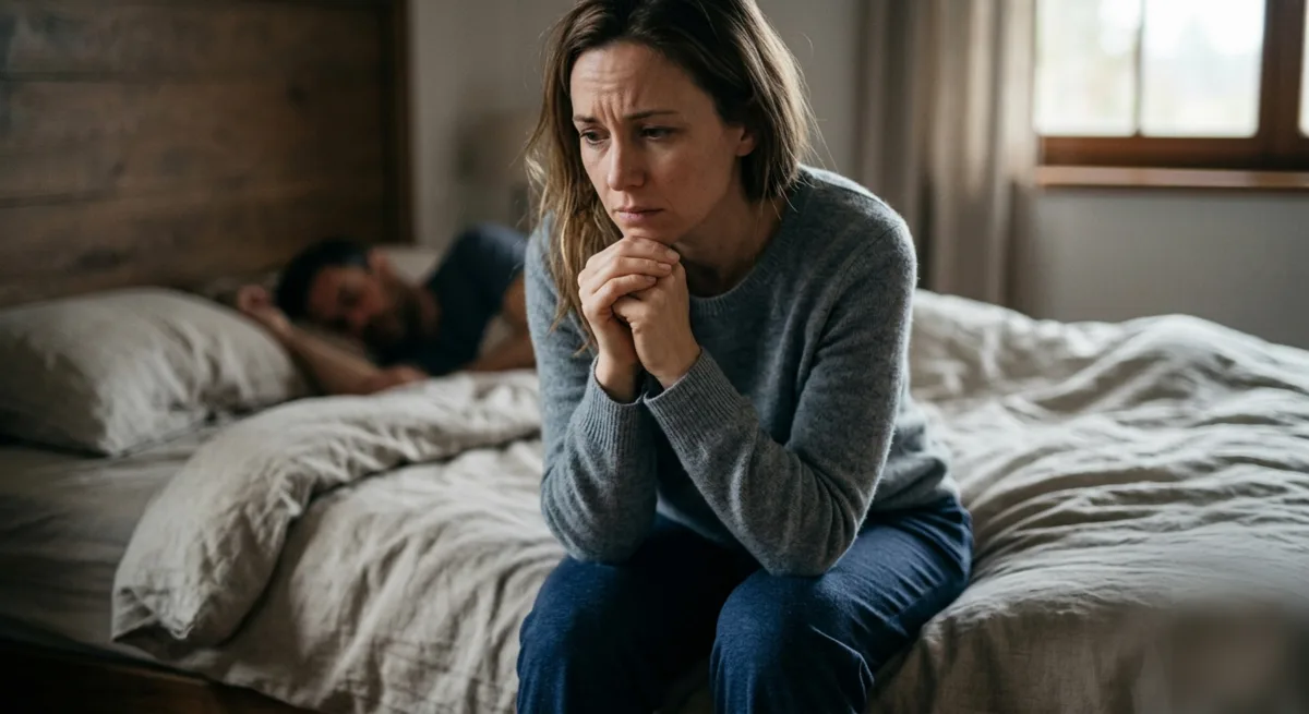 Mujer pensativa sentada al borde de la cama junto a su pareja dormida, reflejando la frustración silenciosa de la anorgasmia