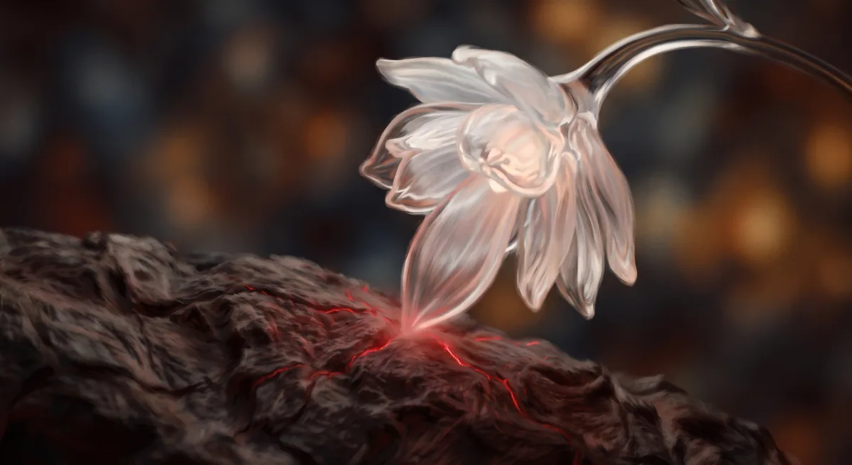 Flor de vidrio inclinada con un punto de luz roja en su base, metáfora del dolor en la penetración